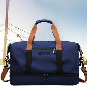 Blue and Tan Men's Duffel Bag